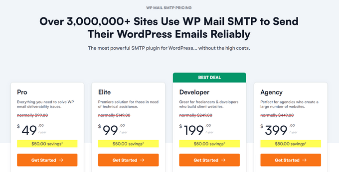 La page des plans tarifaires de WP Mail SMTP